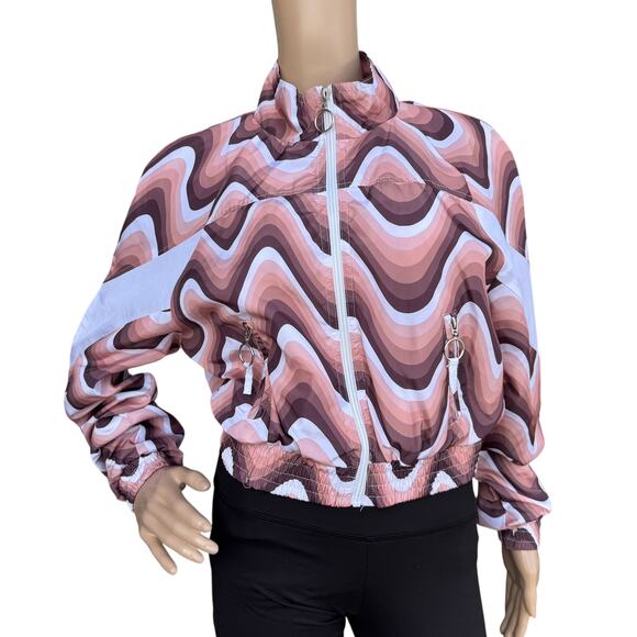 New Look M Cropped Windbreaker Jacket Pink Brown Retro Wave Print Y2K - Picture 1 of 5
